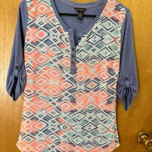 Bit & Bridle Blue and Pink Blouse with bright Aztec design